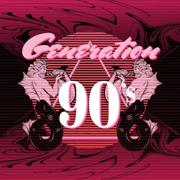 Generation 90's. Vector poster with hand drawn illustration of triron made in vaporwave style. Template for card, banner, print for t-shirt, pin, badge, patch. - Vector, Image
