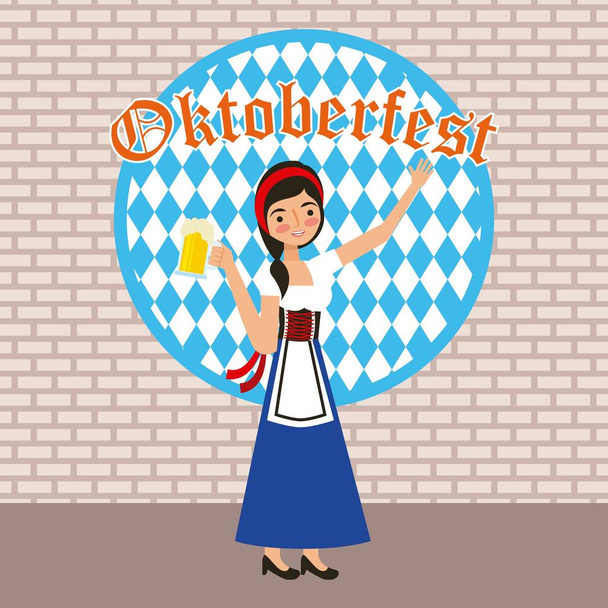Oktoberfest γιορτή χαριτωμένο κορίτσι με φόρεμα χέρι πάνω κρατώντας μπύρα εικονογράφηση διάνυσμα - Διάνυσμα, εικόνα