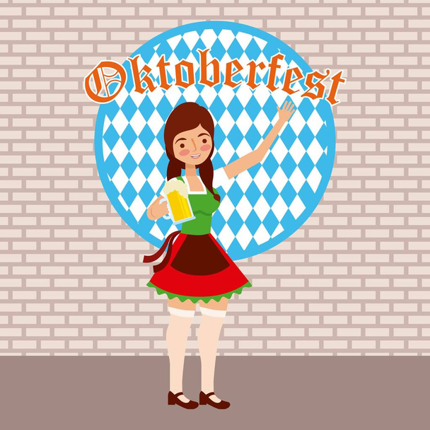 Oktoberfest ünnepe matrica jel girl gazdaság sör fesztivál vektoros illusztráció - Vektor, kép