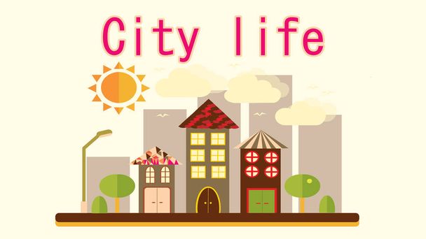Городской пейзаж в простом плоском стиле с различными высокими домами и небоскребами, фонарями и деревьями неба, солнцем и облаками и надписью городской жизни. Векторная иллюстрация
 - Вектор,изображение