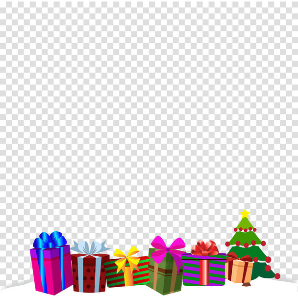 Vektör çizim kurdeleler ve fiyonklar tarafından dekore edilmiş farklı boyutu sunar. Tebrik kartı şablon, küçük resim. Beyaz kar drift, Noel ve yeni yıl sınır çerçeve arka plan üzerinde renkli hediye kutuları. - Vektör, Görsel
