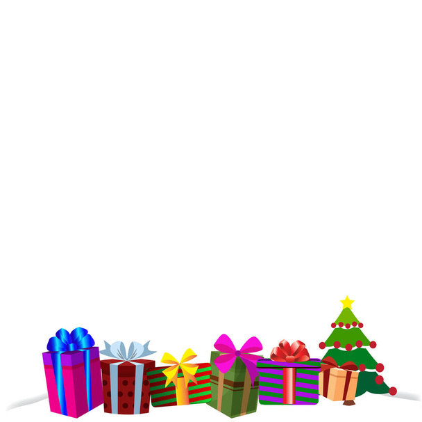 Värikkäitä lahjapakkauksia valkoisella lumen ajelehtimisella, joululla tai uudenvuoden rajakehyksellä. Vektori kuva erikokoisia esittelee koristeltu nauhat ja jouset. Tervehdys kortti malli, clip art
 - Vektori, kuva