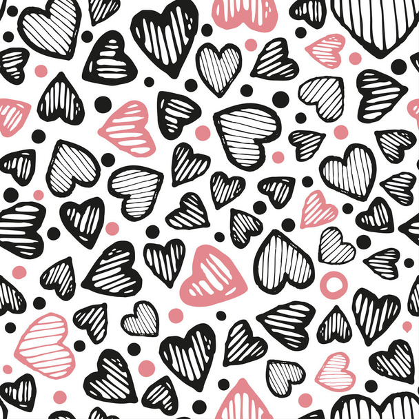 Abstract seamless heart pattern. Ink illustration. White, black and pink - Vector, Imagen