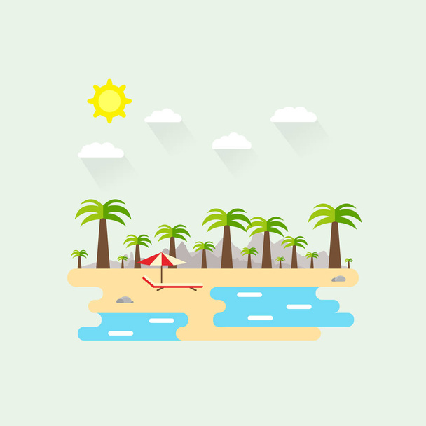 Güzel bir plaj sahne Illustration. Düz bir stil yaz manzarada. Güneşli bir gün. Arka plan. Palma, taşlar, dağlar, kum ve su, turizm, turizm, deniz lounge şemsiye - Vektör, Görsel