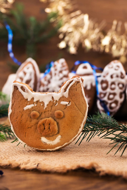 Cookies in the shape of a pig's head, decorated with sugar glaze, a symbol of 2019. - Фото, изображение
