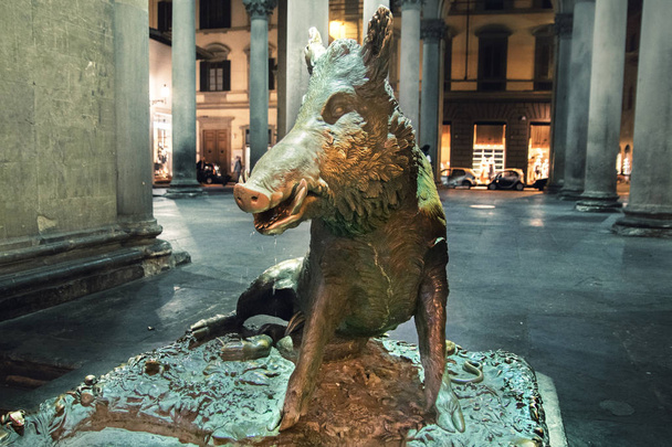Wild zwijn standbeeld op het nieuwe marktplein in florence's nachts, Italië - Foto, afbeelding