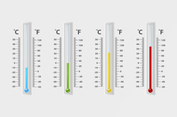 Vector realistic 3d celsius and fahrenheit meteorology, weather thermometer sign icon set closeup isolated on white background. Clip art, design template for graphics. Thermometers with different - ベクター画像