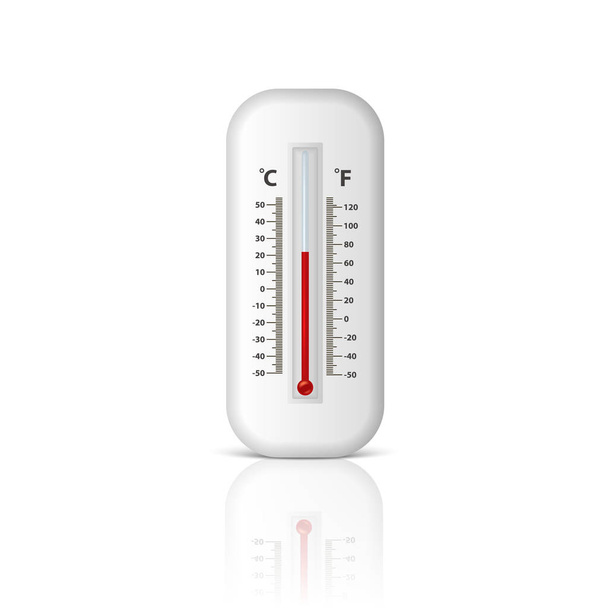 Vector realistic 3d white celsius and fahrenheit meteorology, weather thermometer icon closeup isolated on white background with reflection. Clip art, design template for graphics - Vektör, Görsel