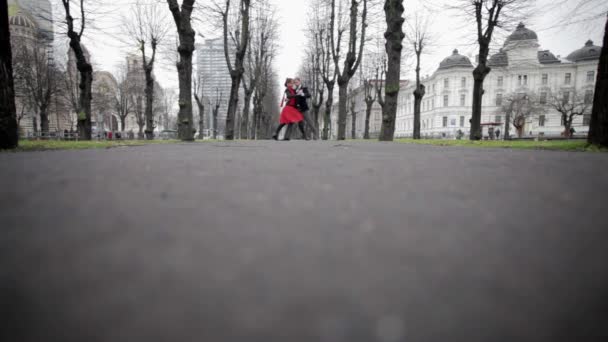 Hombre y mujer bailan tango en parque vacío rodeado de árboles y edificios
 - Metraje, vídeo