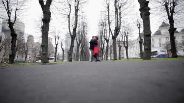 Pareja joven baila tango en parque de invierno vacío rodeado de árboles desnudos
 - Imágenes, Vídeo