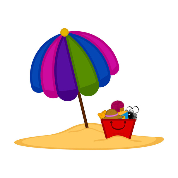 Umbrella and a sand bucket with objects - Διάνυσμα, εικόνα