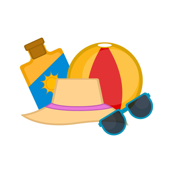 Suncreen, summer hat, beach ball and sunglasses - Διάνυσμα, εικόνα