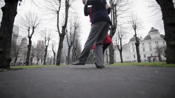 Caucásico hombre y mujer bailan juguetonamente tango en parque vacío entre árboles desnudos
 - Imágenes, Vídeo