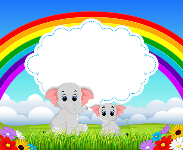 the nature blue sky view with the cloud board blank space and two elephant with the different size - Vector, Image