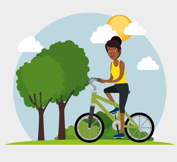 junge schwarze Frau fährt Fahrrad - Vektor, Bild