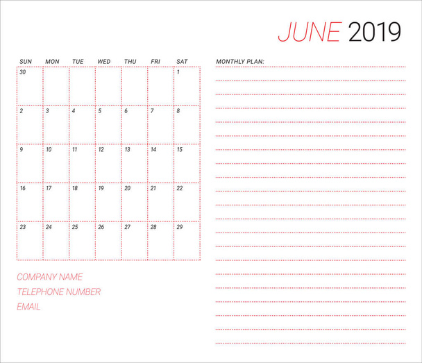 Июнь 2019 векторная иллюстрация настольного календаря, простой и чистый дизайн
.  - Вектор,изображение