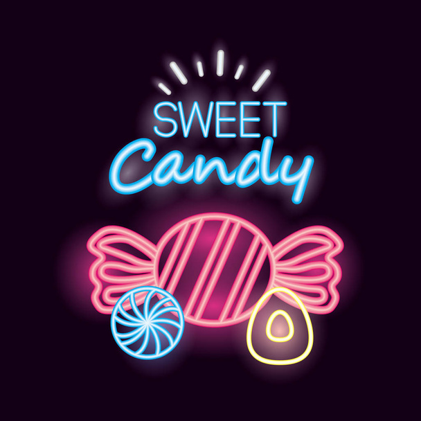 sweet candy wrapped caramels balls sign neon vector illustration - Vektor, Bild