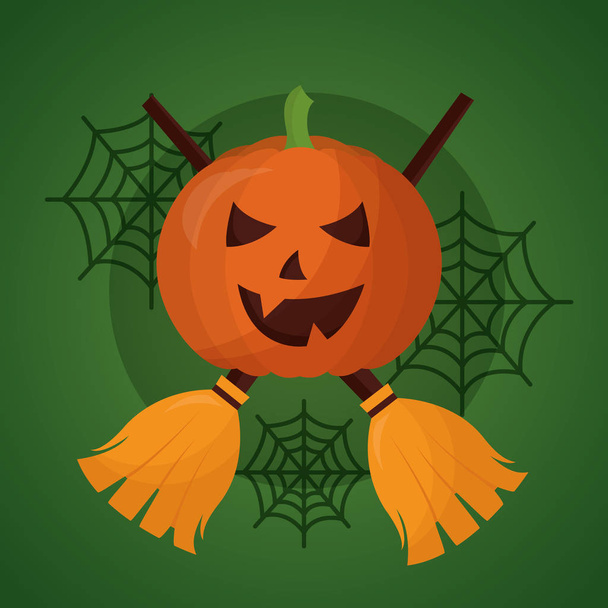 glücklich Halloween-Tag Kürbis Spinnweben Besen Vektor Illustration - Vektor, Bild