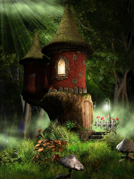 Märchenszene mit kleinem Schloss auf grüner Wiese - Foto, Bild