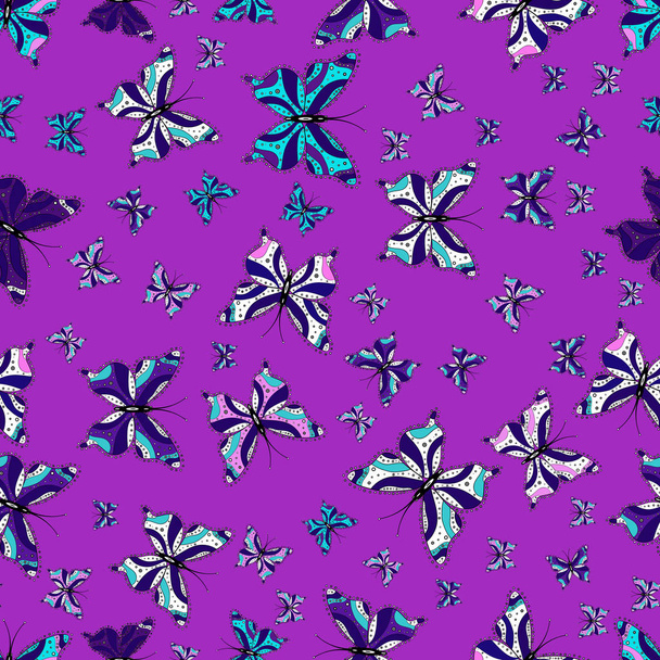 Illustration on violet, blue and white background. Seamless. Pattern for fabric, textile, print and invitation. Butterflies pattern. Vector. - Vector, Image