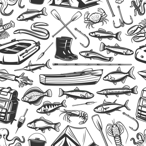 Fishing gear and seafood pattern - Vector, Image