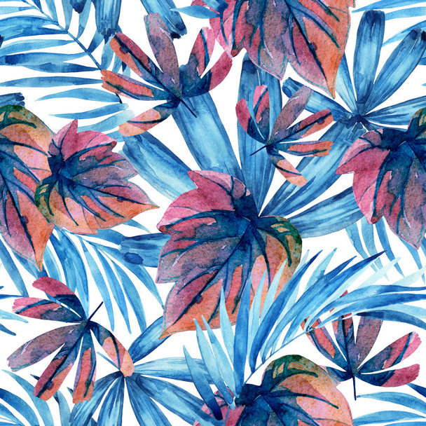 Watercolor blue colored tropical leaves seamless pattern. Hand painted palm, monstera, fan palm leaf background. Art illustration for summer natural design - Photo, Image