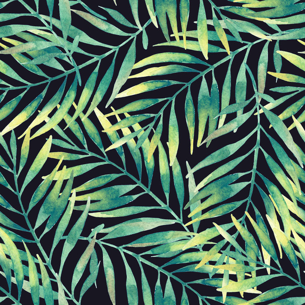 Simple watercolor palm leaves seamless pattern. Hand painted tropical leaf on black backgound. Art illustration for natural design - Foto, Imagen