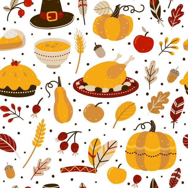 Seamless pattern with Thanksgiving day elements isolated on white, vector illustration - Vector, Image