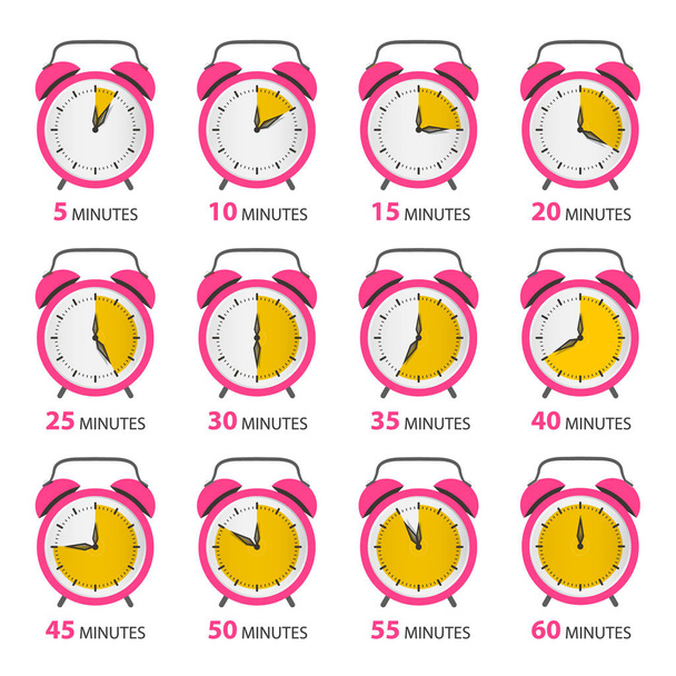 Analoginen hälytyskello symbolit asetettu viidestä kuuteenkymmeneen minuuttia Time kuvakkeet
 - Vektori, kuva
