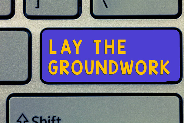Handgeschreven tekst Lay The Groundwork. Begrip betekenis voorbereiden op de Basics of stichting iets - Foto, afbeelding