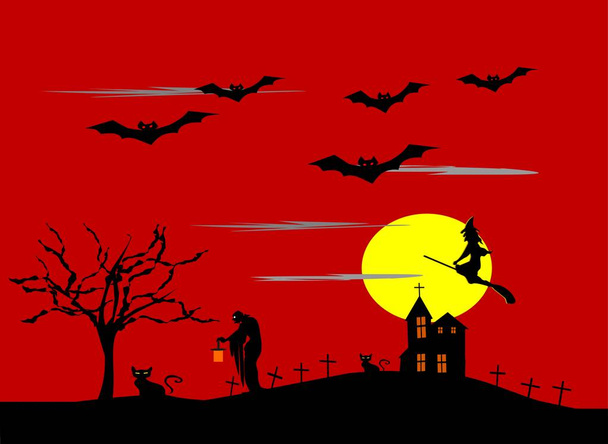 Noite no castelo avó segurando um candeeiro. Sepultura, gato, morcego, Bruxas equitação vassouras, lua vermelho céu fundo
 - Vetor, Imagem