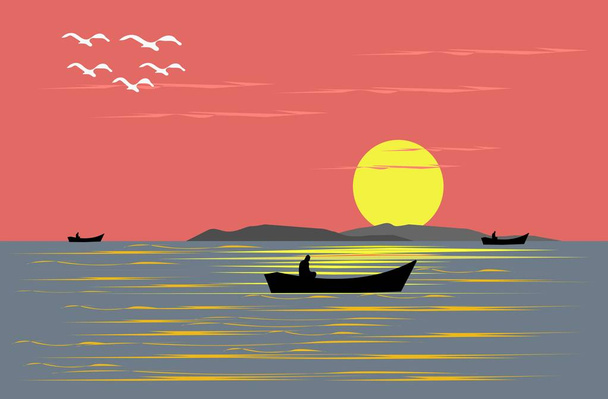 Barco de pesca navegando no mar da noite. Tenha um pôr-do-sol fundo vermelho
 - Vetor, Imagem