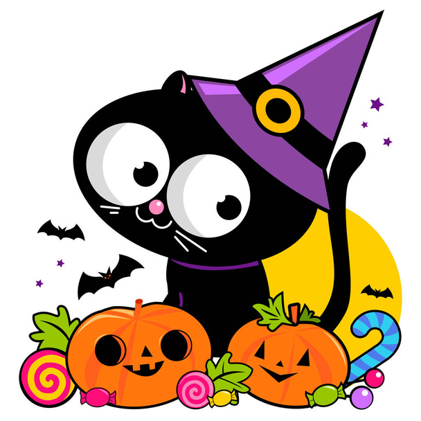 Halloween cat, pumpkins and treats. Black and white coloring book page - Vector, Image
