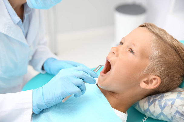 Dentist examining little boy's teeth in clinic - 写真・画像