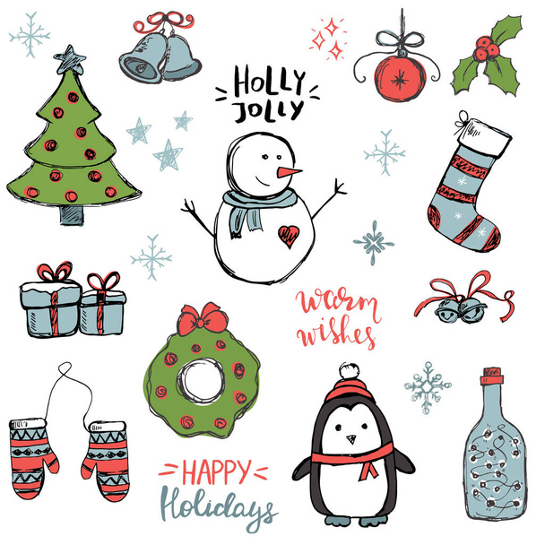 Set von niedlichen und einfachen handgezeichneten Weihnachtselementen - Vektor, Bild