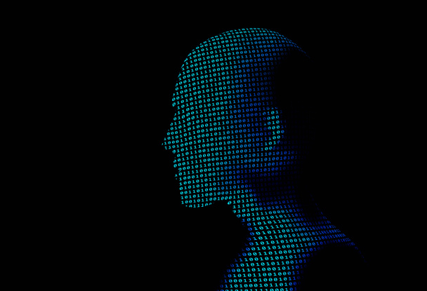 Mensch mit Binärdaten-Codenummer auf schwarzem Hintergrund. Künstliche Intelligenz High-Tech in der digitalen Computertechnologie Konzept. 3D-Illustration. - Foto, Bild