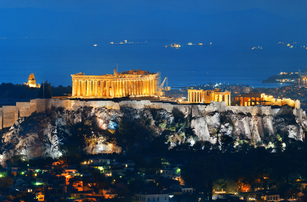 Acropolis historické zříceniny v noci pohled z hor, Řecko - Fotografie, Obrázek