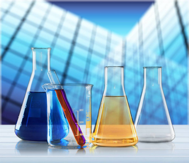 Glass laboratory flasks on white background - Photo, Image