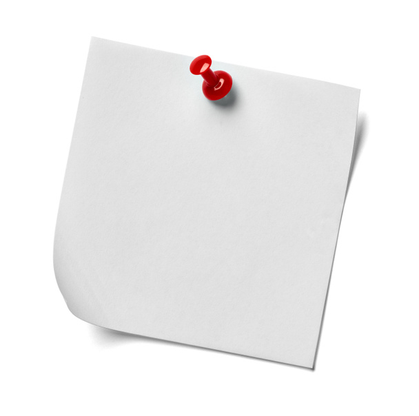 gros plan d'un papier de note avec une broche rouge sur fond blanc - Photo, image