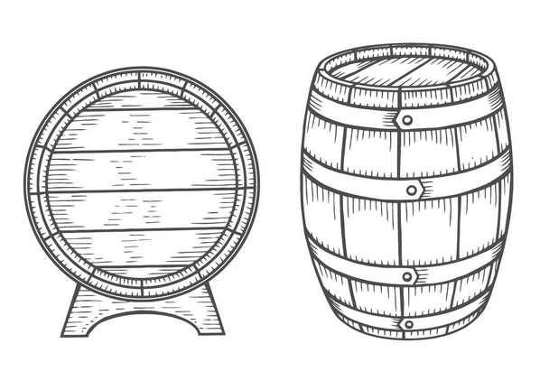 Conjunto de barril de madeira. Gravura vintage vetor preto ilustração. Isolado em fundo branco. Elemento de design desenhado à mão para etiqueta e cartaz
 - Vetor, Imagem
