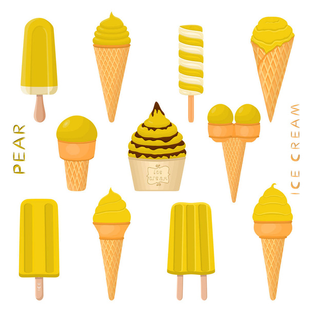 Vektoros illusztráció természetes Körte fagylalt a bottal, a papír tálak, ostya kúp. Ice Cream álló édes hideg fagyit guba, állítsa be a finom fagyasztott desszert. A sárga körte gyümölcs fagylalt - Vektor, kép