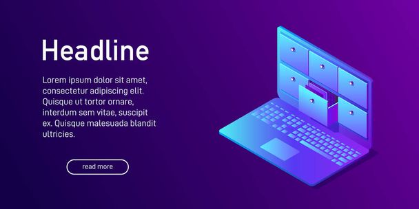 Isometric concept of database, landing page design. Web site decor with 3d card index in laptop. Vector illustration. - Vector, Imagen
