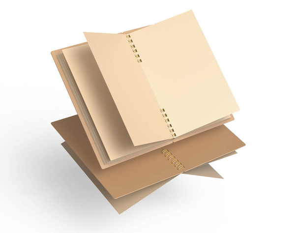 Blank open cardboard notebook isolated on white background in 3d illustration, floating books - Fotó, kép