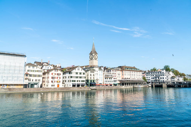 Zurich city center with famous Fraumunster and Grossmunster Churches and river Limmat at Zurich Lake - Photo, Image