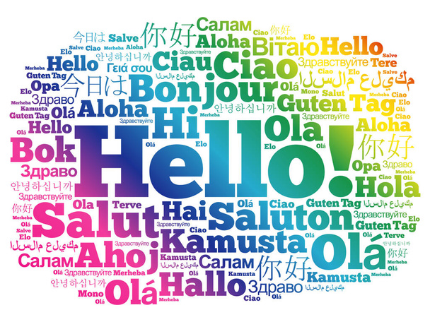 Γεια σας σύννεφο λέξη σε διάφορες γλώσσες του κόσμου, έννοια φόντου - Διάνυσμα, εικόνα