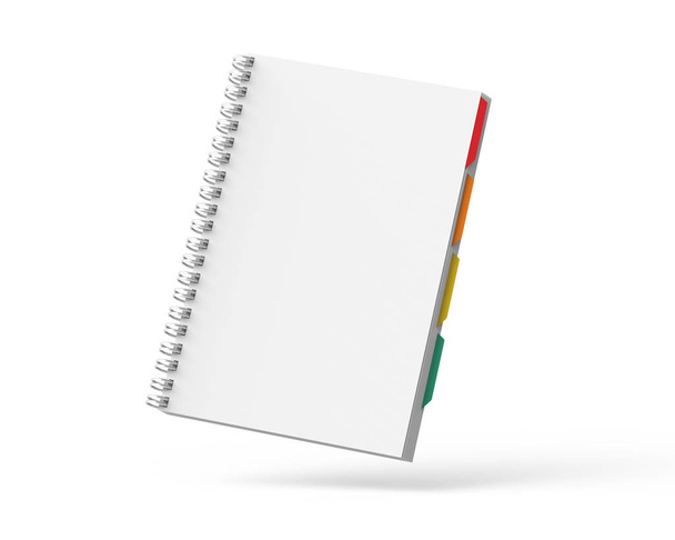 Cuaderno en blanco con etiquetas de colores sobre fondo blanco en la representación 3d, libro flotante
 - Foto, imagen