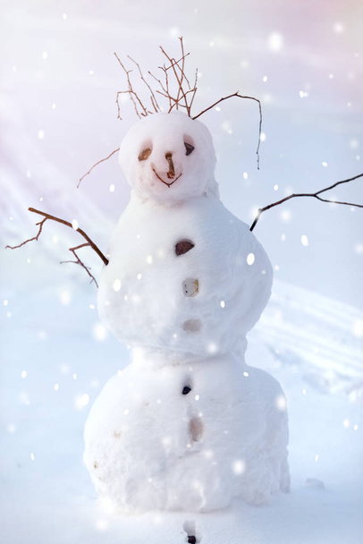Забавный рождественский снеговик на фоне снежного пейзажа
 - Фото, изображение