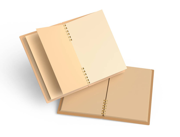Blank open kraft paper notebooks, 3d rendering books mockup floating in the air on white background - Foto, afbeelding