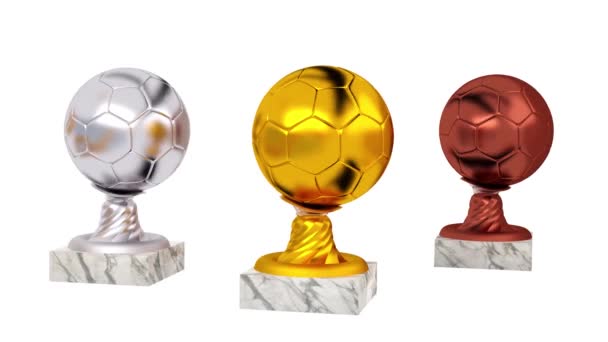 Handball Gold Silber und Bronze Trophäen mit Marmorsockeln in unendlicher Rotation auf weißem Hintergrund - Filmmaterial, Video