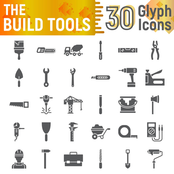 Conjunto de iconos de glifo de herramientas de construcción, colección de símbolos de construcción, bocetos vectoriales, ilustraciones de logotipo, signos de equipo
 - Vector, imagen